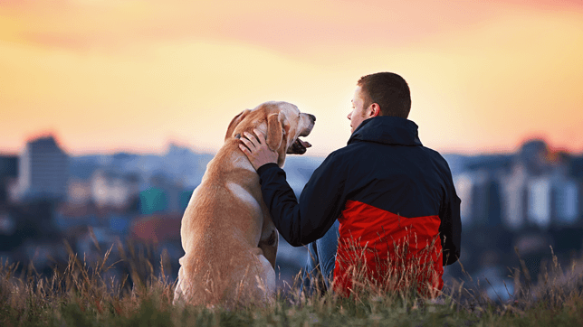 a man sitting with his dog 