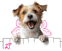 A dog perching over an illustrated fence