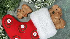 A red Christmas stocking filled with treats
