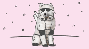 A white dog with an illustrated overlay making them look like a Star Wars Stormtrooper
