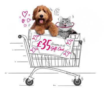 A cat and dog are in an illustrated shopping trolley holding a sign saying "£35 Amazon.co.uk gift card" 