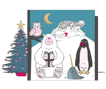 A cartoon Christmas card with various animals on it