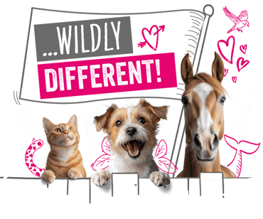 A dog, cat and horse appear over an illustrated fence, waving a flag saying "Wildly Different"