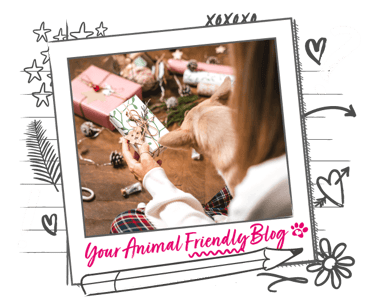 A festive scene of gift wrapping presents with a helpful dog in attendance