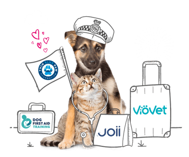 A young cat and dog surrounded by the logos of some of our partners