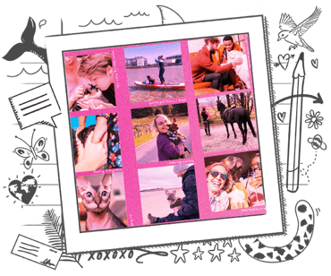 A collage of pictures of people and their pets