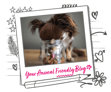 A small dog has their head in a jar of treats