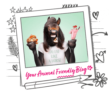 A composition graphic of a human figure with a horse head holding a hamburger and a milkshake
