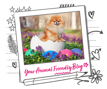 A Pomeranian emerges from a giant Easter egg in a spring scene