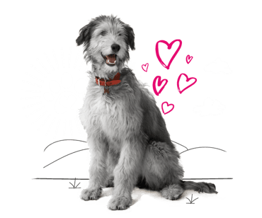 Illustration of a dog and love hearts