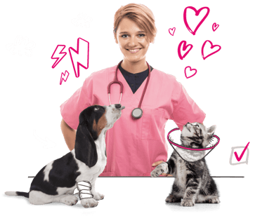 Pawtal - A vet is flanked by a cat and dog