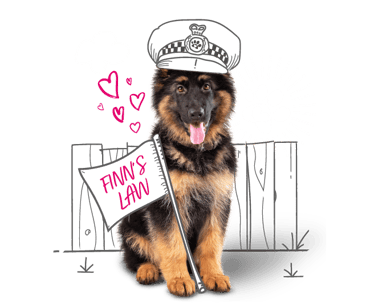 Finns Law, featuring a German Shepherd Puppy in an illustrated police officers hat