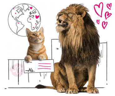 A ginger cat is sat next to a roaring lion