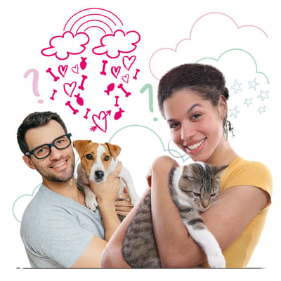 Photos of a man holding a small dog and a woman holding a cat, with rainbow, cloud, and heart illustrations in background