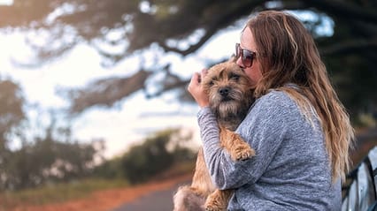 A person cuddling their Terrier