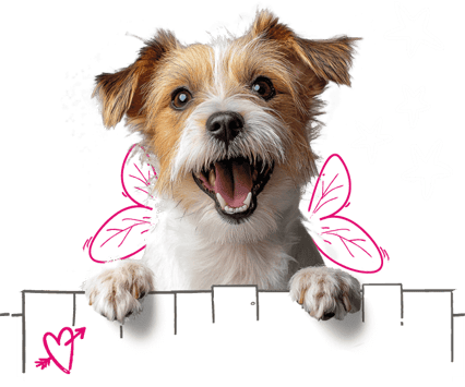 A dog perching over an illustrated fence