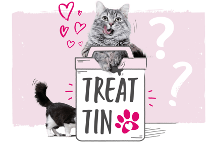 Illustration of a cat sitting on top of a treat tin against a pink background