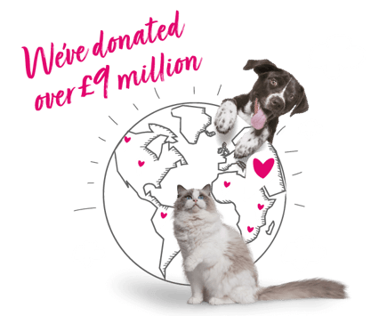Illustration of a dog and cat with a globe, beside pink text that reads "We've donated over £9 million"