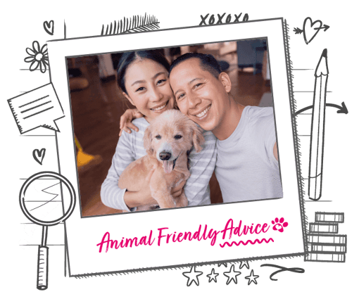 Photo illustration of two people and a puppy