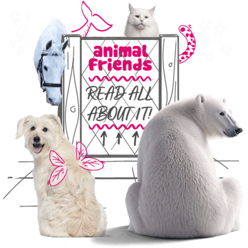 Illustration of a sign that reads "Animal Friends Read all about it!" surrounded by a dog, polar bear, horse, and cat
