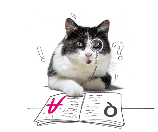 Illustration of a cat looking at a book