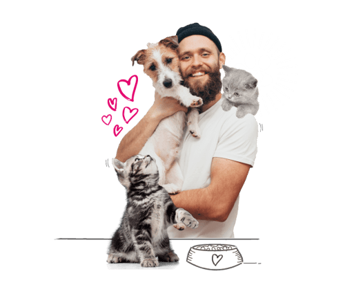 Photo illustration of a man with a dog and two cats