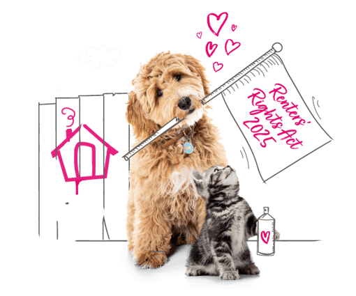 A dog and cat waving a flag for the Renters Rights Act 2025