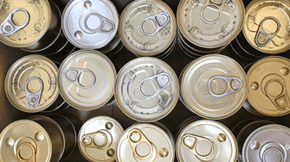 Birds eye view of a collection of pull to open cans of pet food