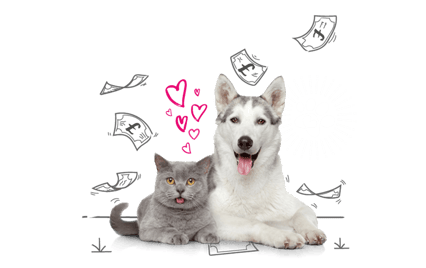 Photo illustration of a dog and a cat and some love hearts
