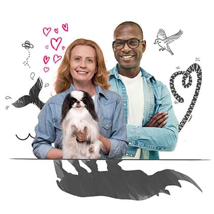 Image of two people holding their pet, with the shadows of other wildlife, such as a rhino and dolphin tail