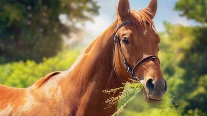 A horse in a green field on a summer day, munching food