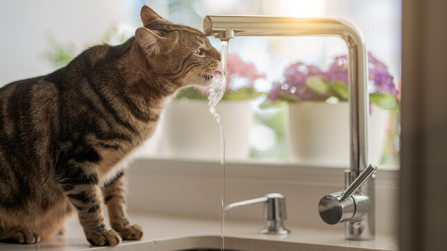 a cat drinking water from a flowing tap