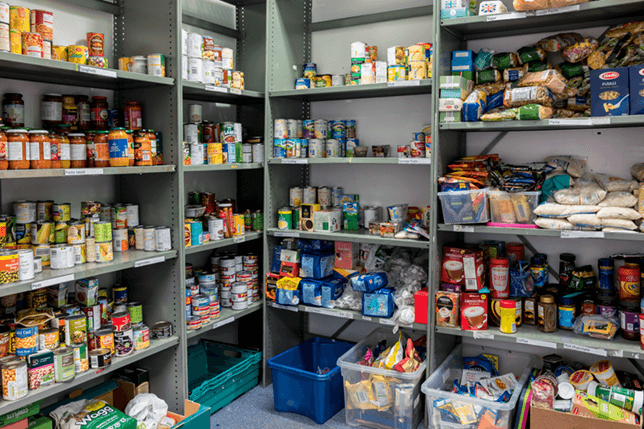 shelves at a food bank