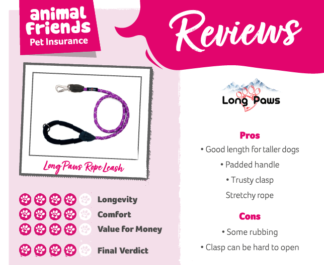 A product review card of the Long Paws Rope Leash