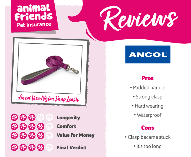 A product review card of the Ancol Viva Nylon Snap Leash
