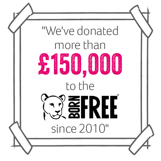 a graphic reading "we have donated over £150,000 to Born Free since 2010"
