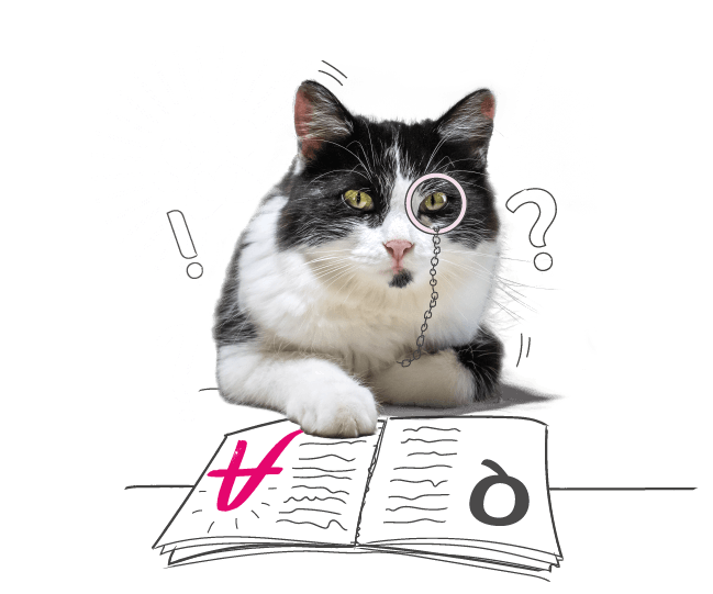 Illustration of a cat looking at a book