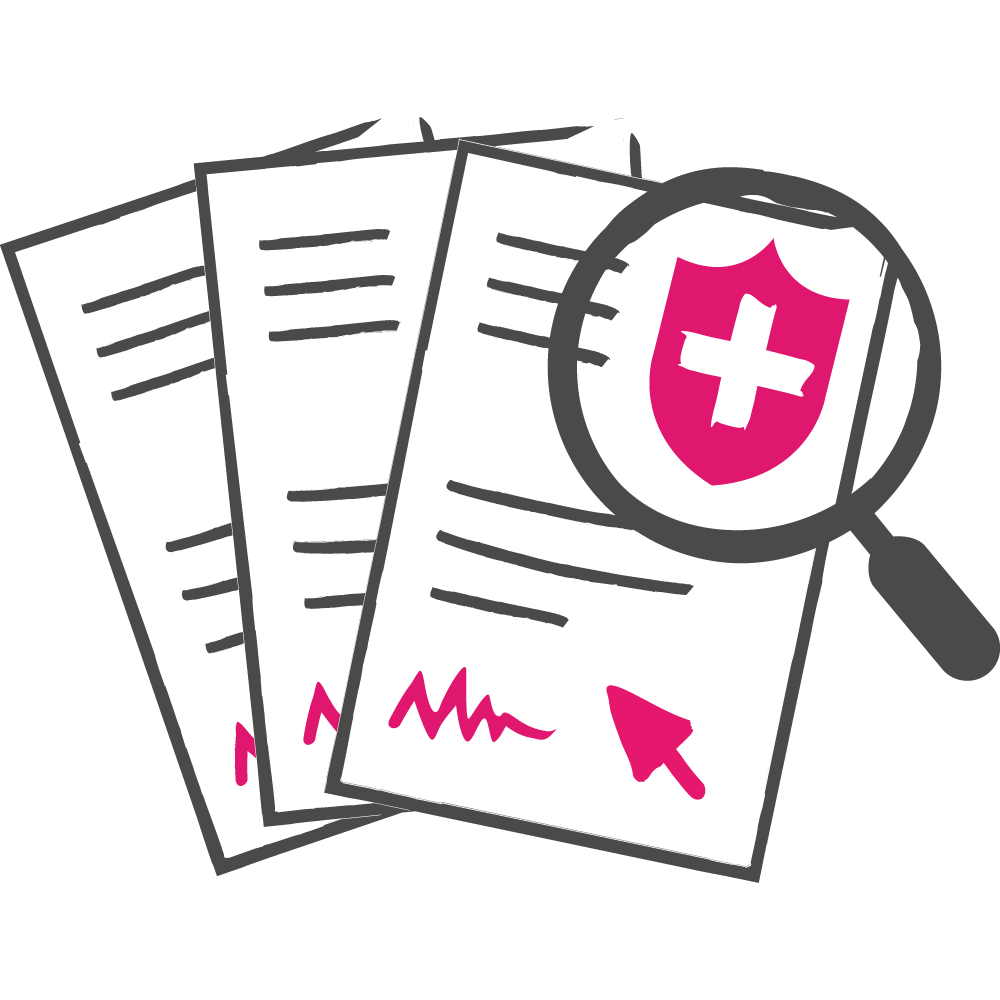 An icon of paperwork with a magnifying glass 