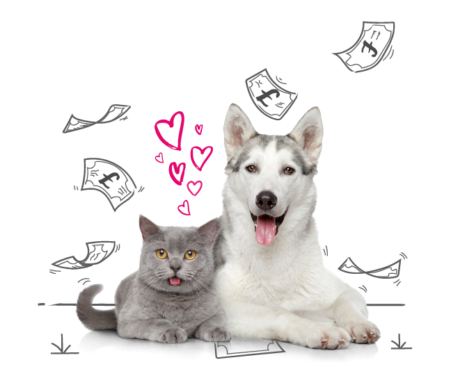 Photo illustration of a dog and a cat and some love hearts