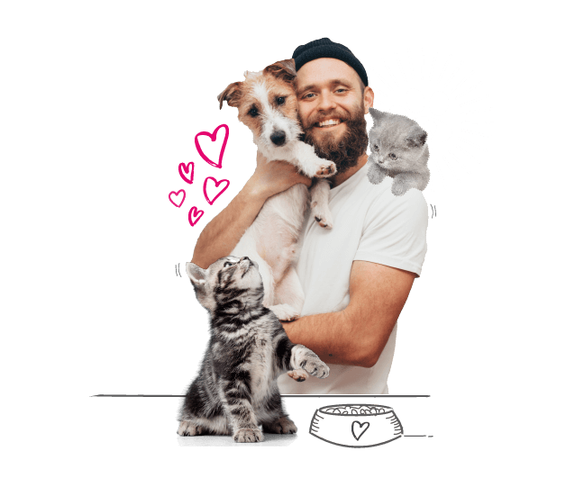 Photo illustration of a man with a dog and two cats